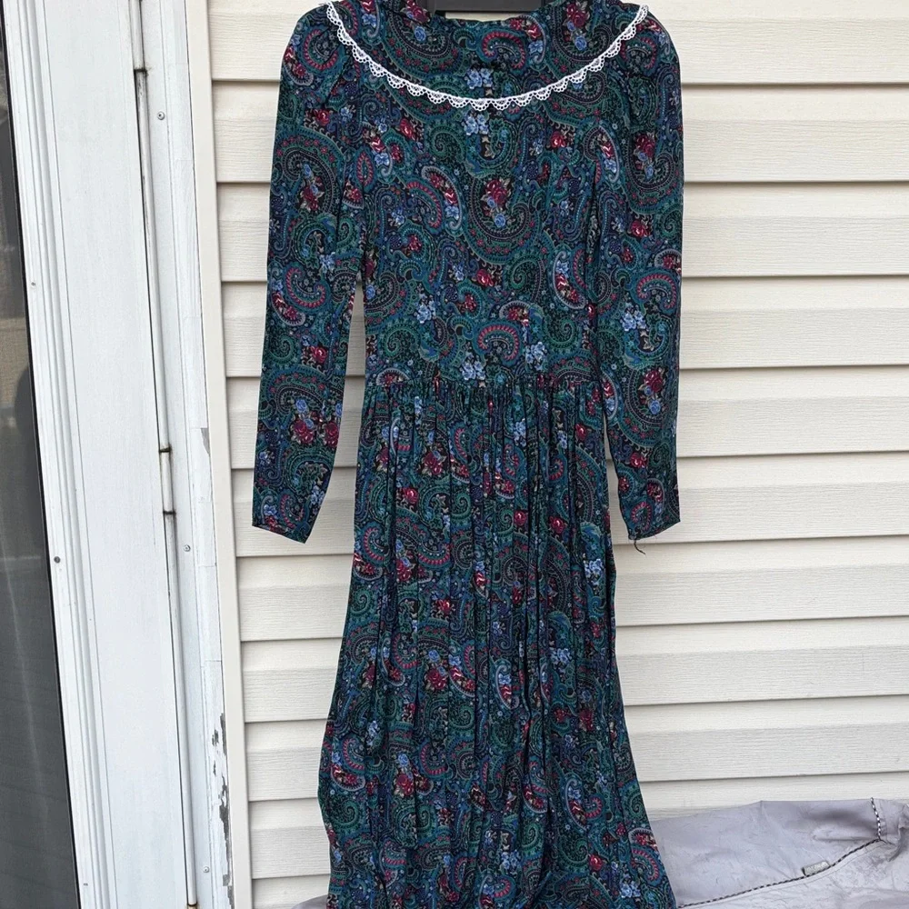 GUNNE SAX JESSICA MCCLINTOCK BLUE WHITE LACE Paisley Long Sleeve Dress-3-VINTAGE